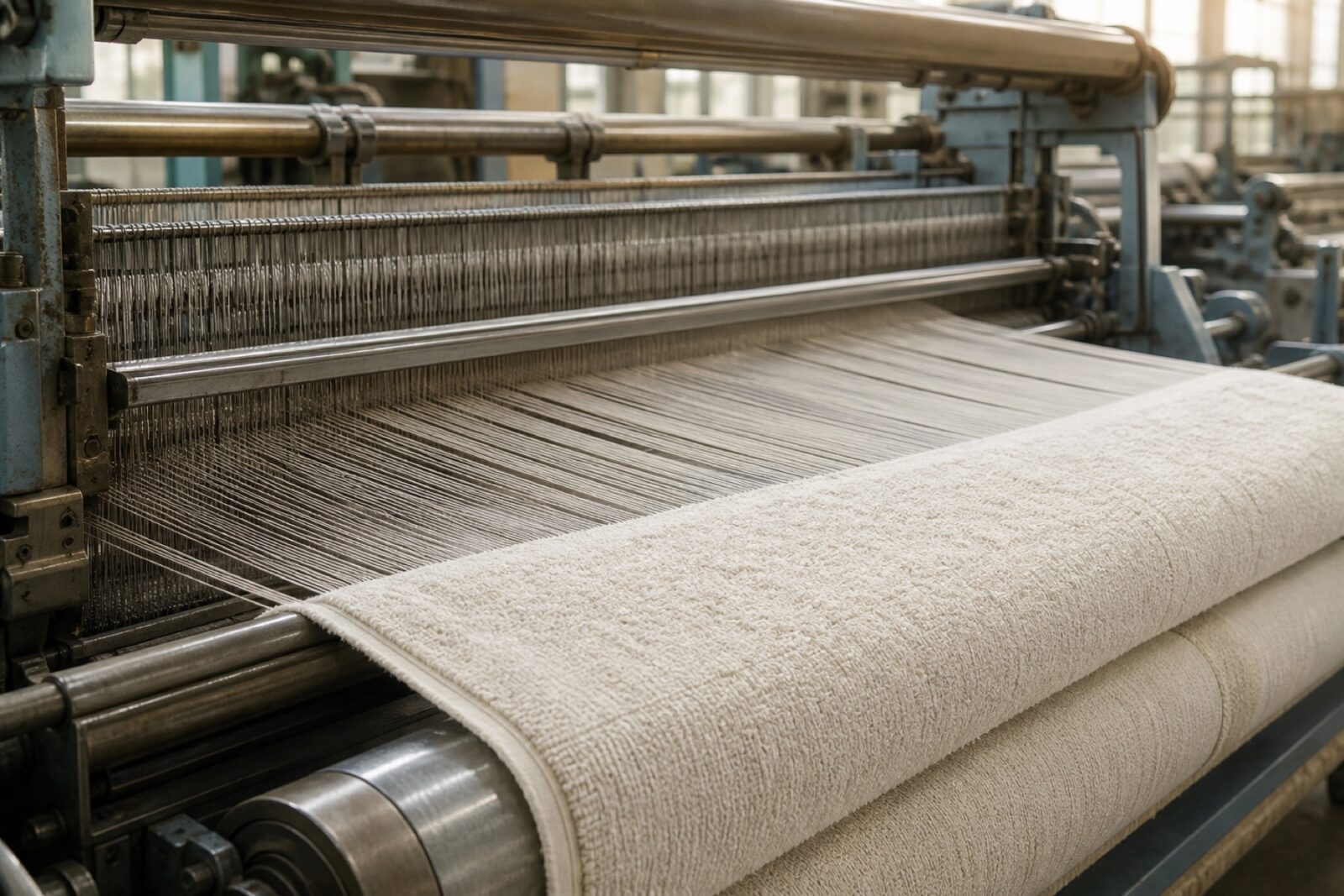 Cotton towels on an industrial weaving loom in a textile mill