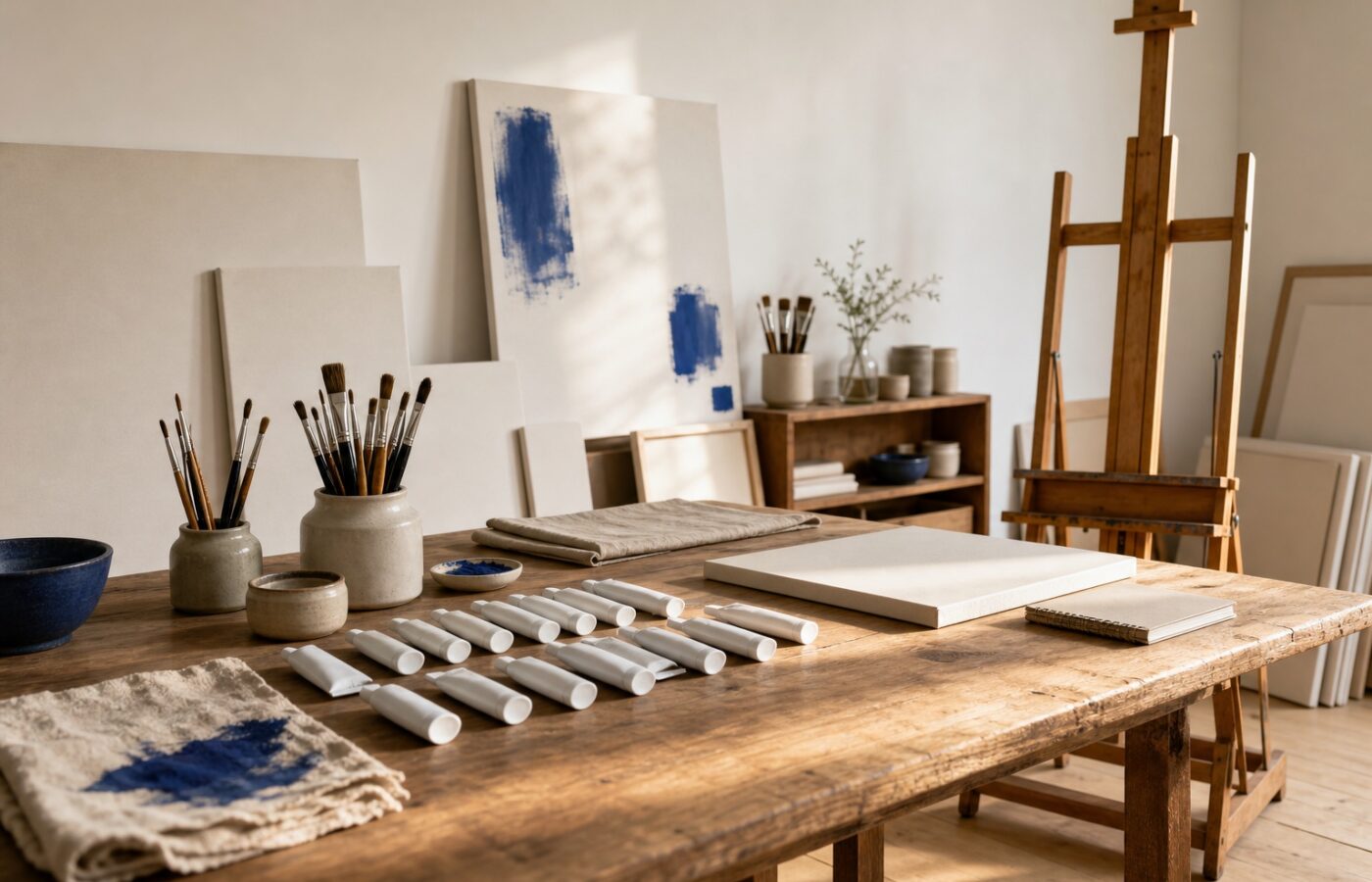 Art supply studio worktable with blank canvases, plain paint tubes, jars of brushes and a wooden easel in soft morning light