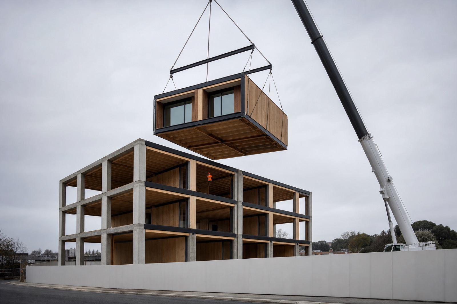 Crane lifting a finished volumetric module onto a stacked structure