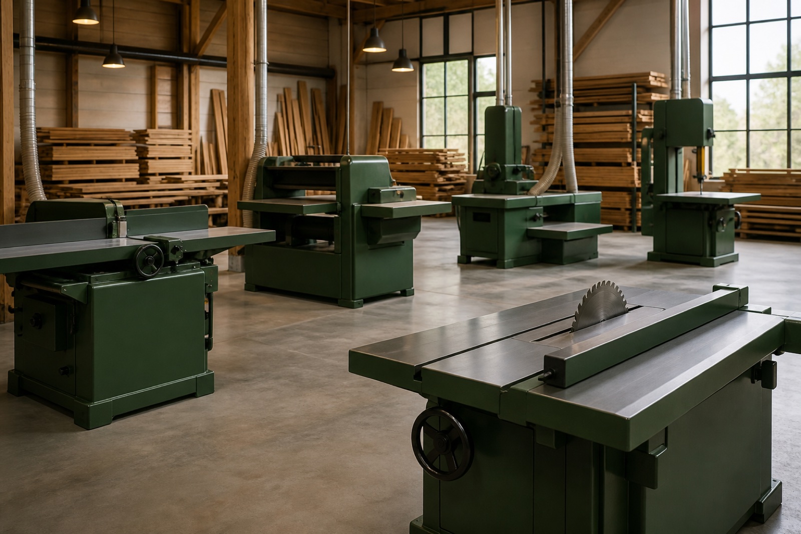 Woodworking machinery arranged across a modern workshop floor