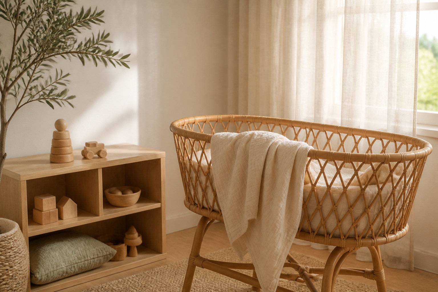 Rattan bassinet with folded swaddle and wooden toys in morning light