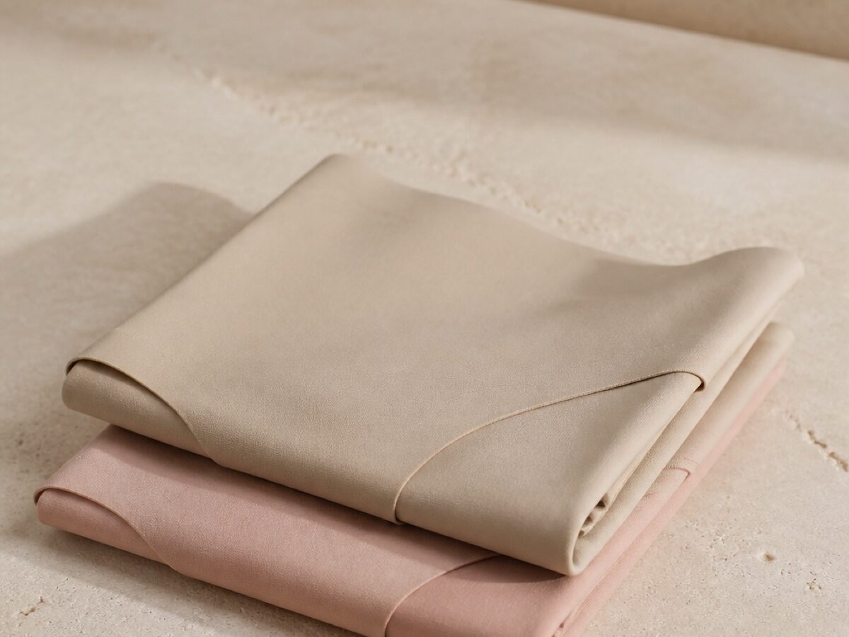 Two folded seamless briefs in oat and blush tones on a cream stone surface