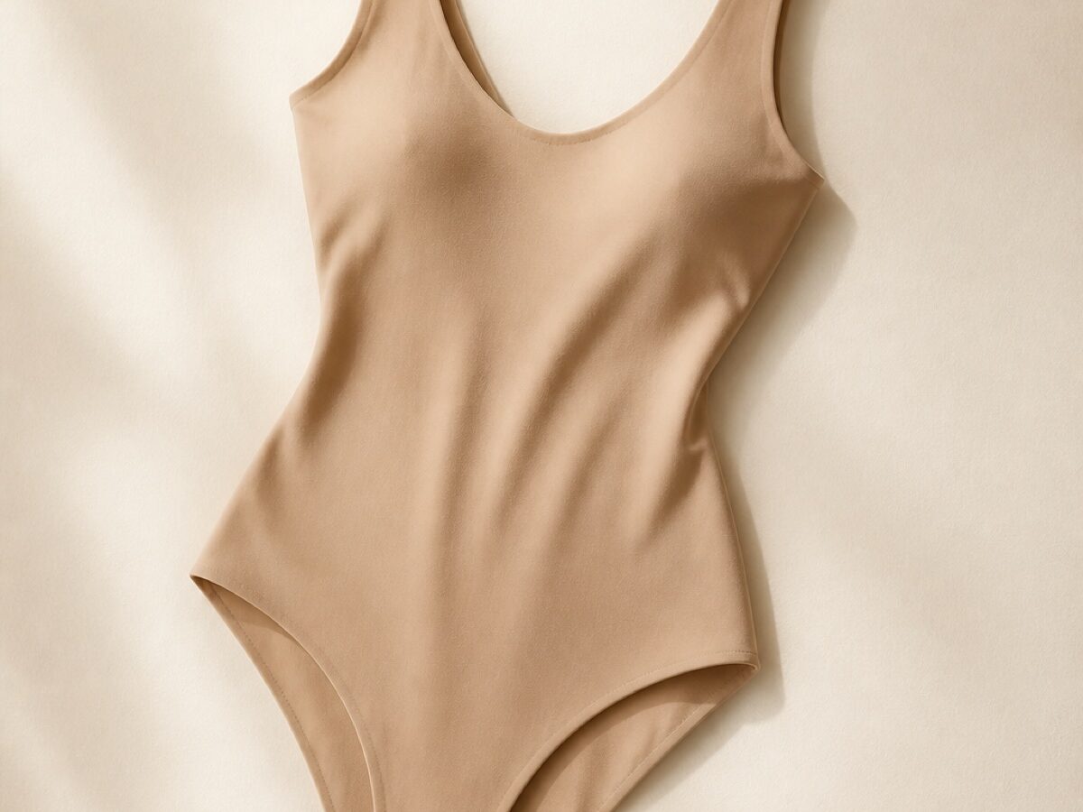 A smooth seamless nude-toned bodysuit laid flat on a cream paper backdrop