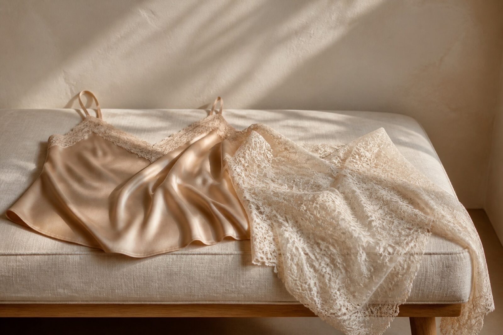 A champagne silk camisole and a length of ivory lace draped over a pale linen bench in morning light