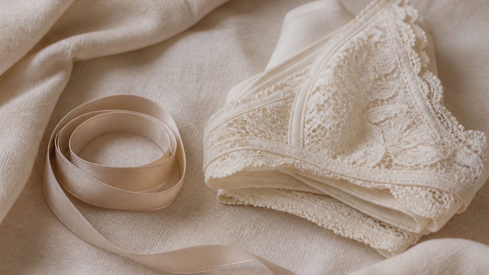 A soft measuring tape coiled beside a folded ivory lace garment on cream linen