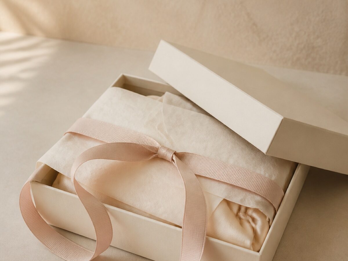 A cream gift box with a blush ribbon and tissue paper revealing champagne silk