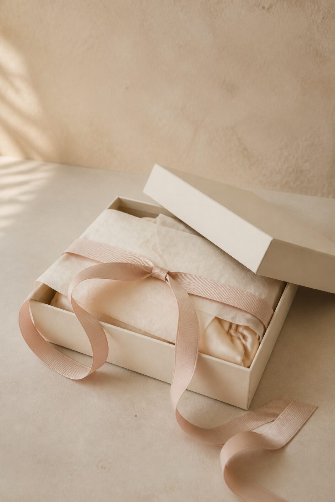 A cream gift box with a blush ribbon and tissue paper revealing champagne silk