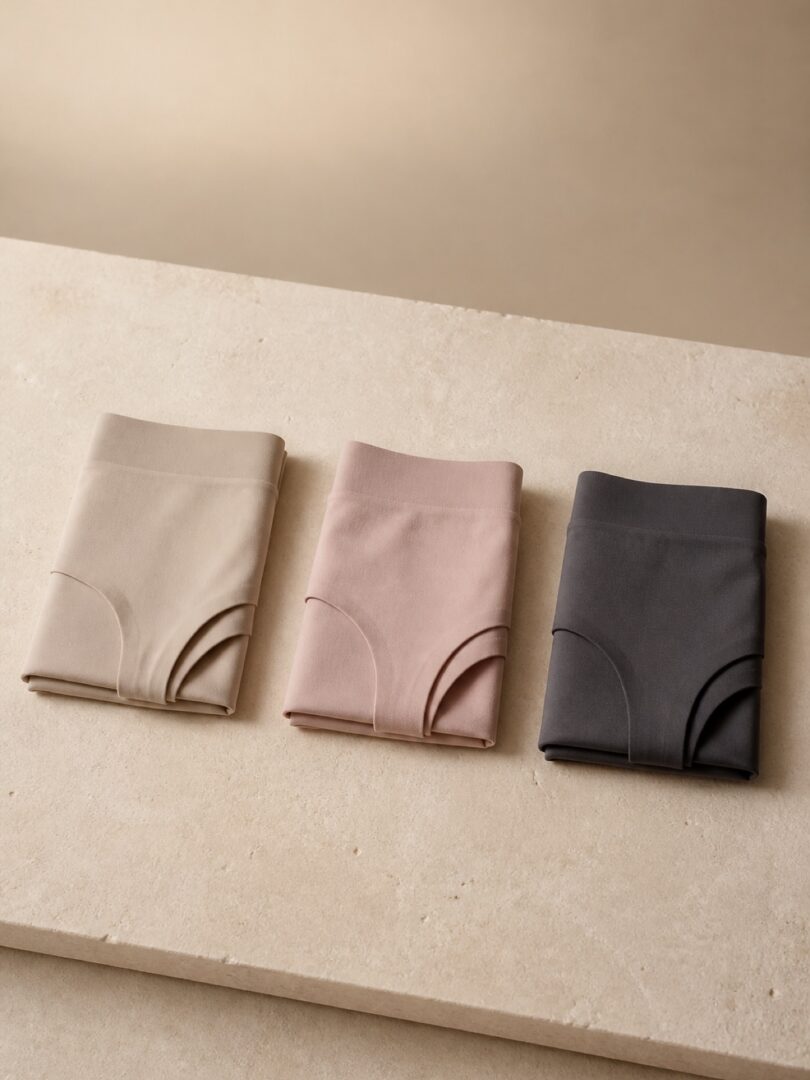 Three folded seamless briefs in oat, blush and soft charcoal arranged in a row on cream stone