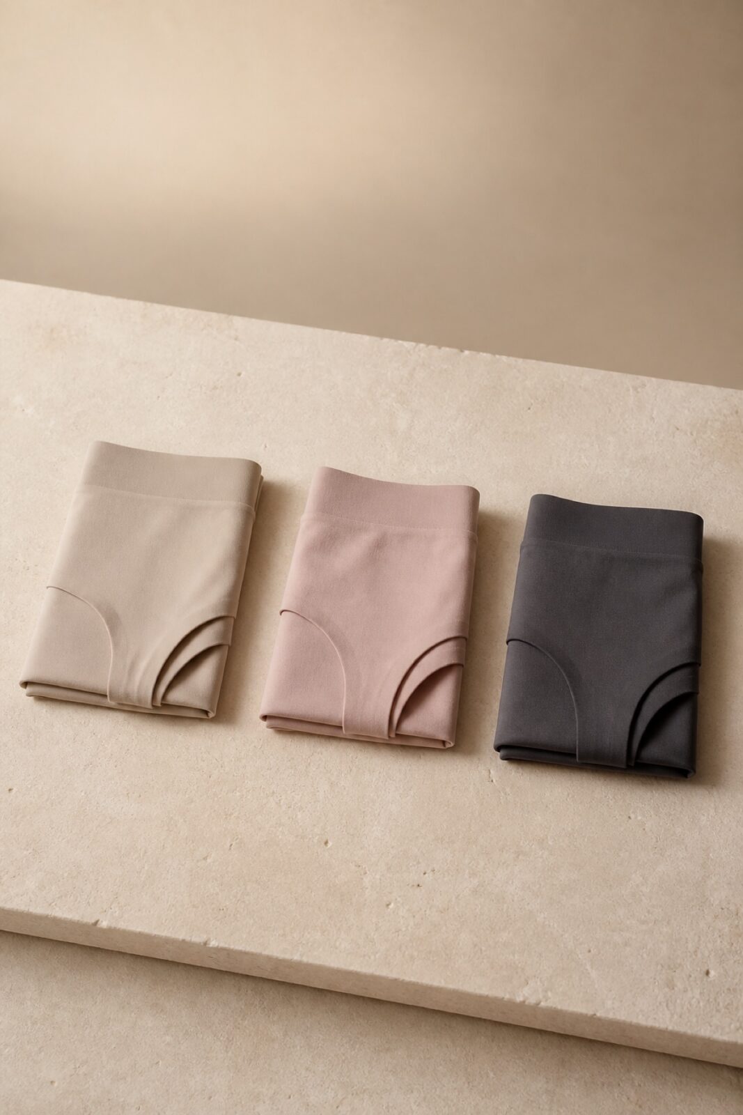 Three folded seamless briefs in oat, blush and soft charcoal arranged in a row on cream stone
