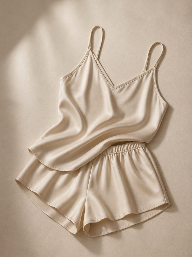 A silk camisole and matching shorts in oat, folded on warm neutral paper