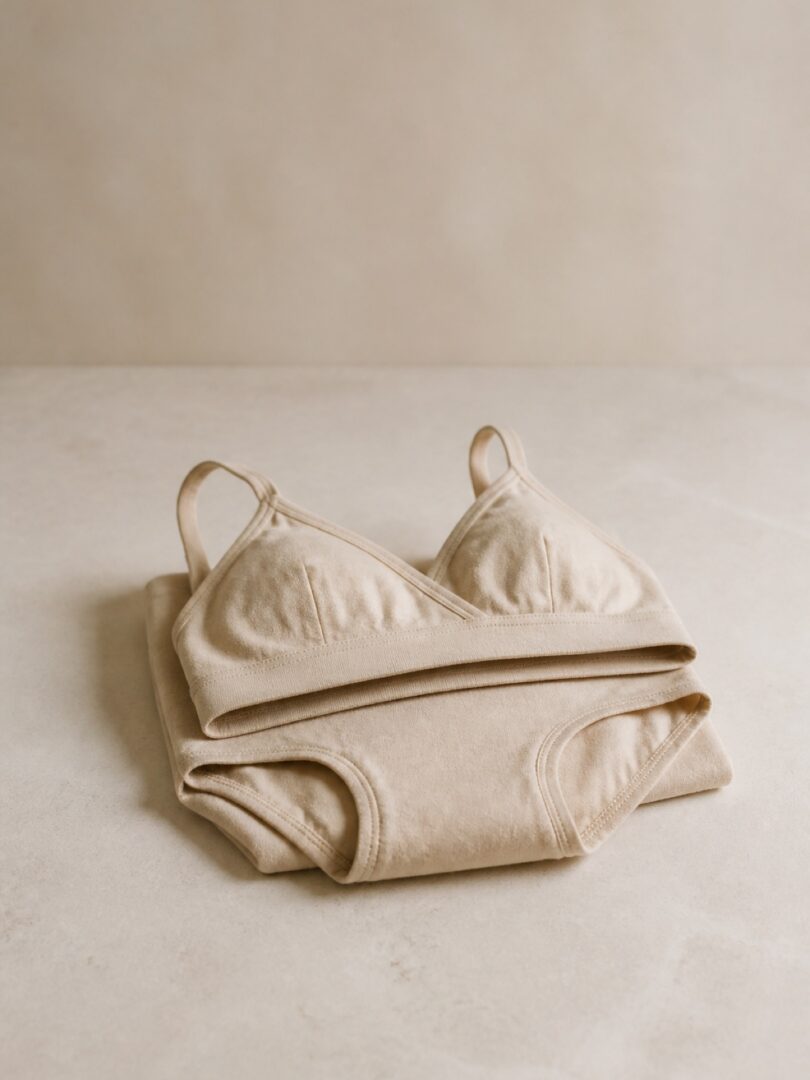 A folded organic cotton bra and brief set in oat, stacked on pale stone