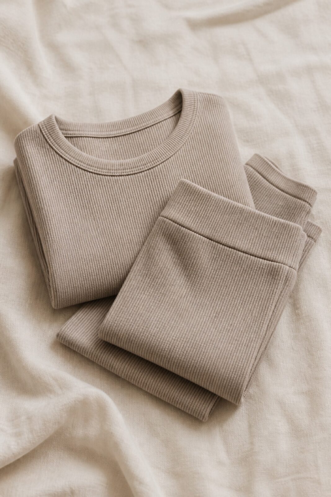 A ribbed knit lounge top and leggings in warm greige, folded on cream linen