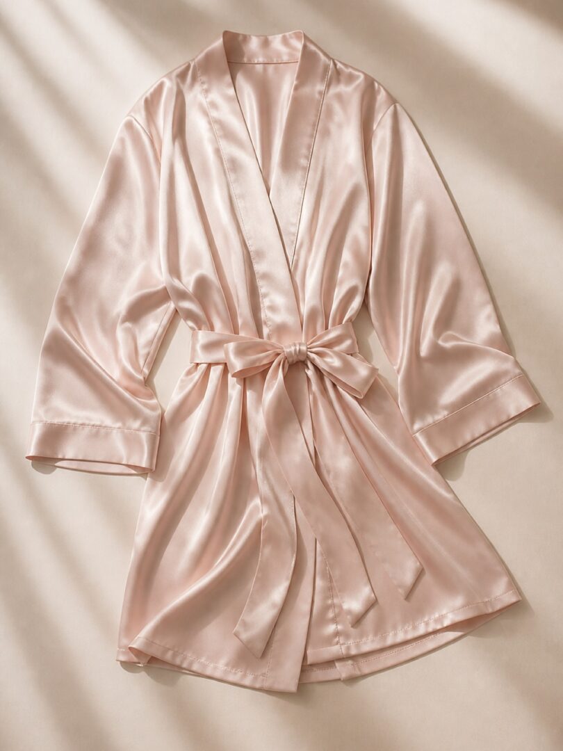 A blush satin robe with a tied belt arranged on a cream backdrop