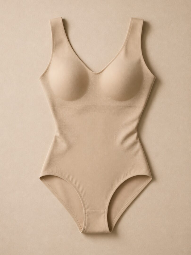 A seamless shaping bodysuit in warm champagne, laid flat and gently sculpted on oat paper
