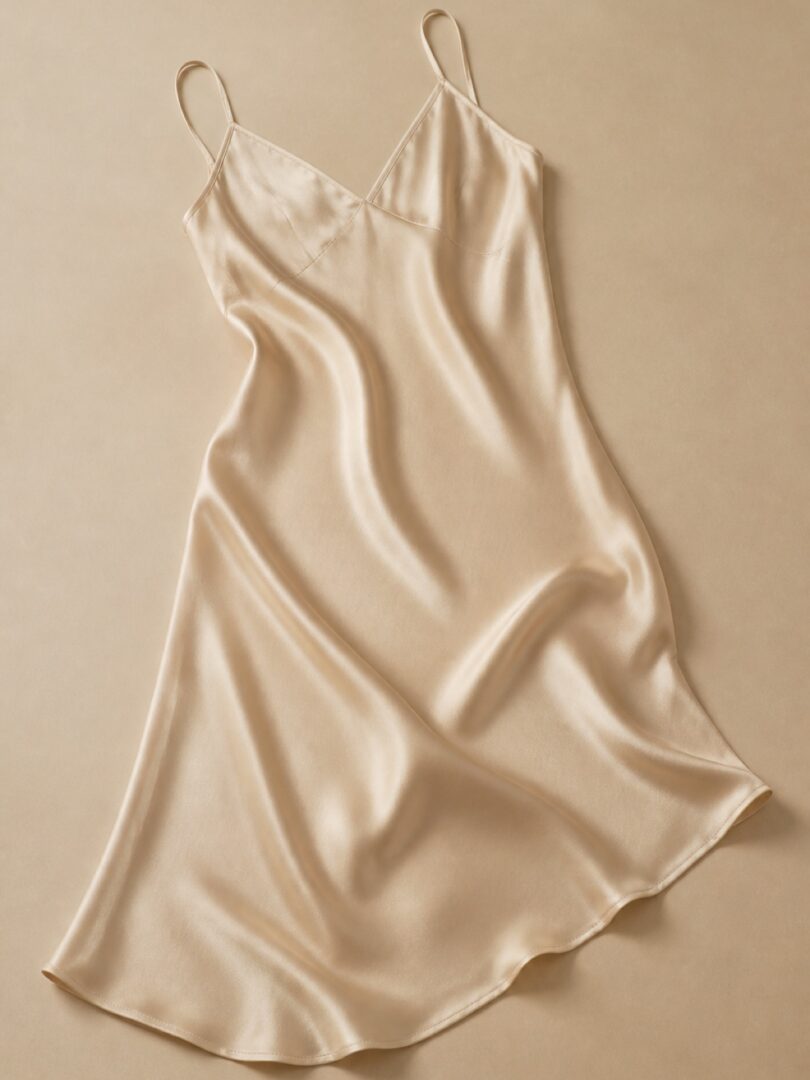 A champagne silk slip laid with soft folds on a warm sand backdrop