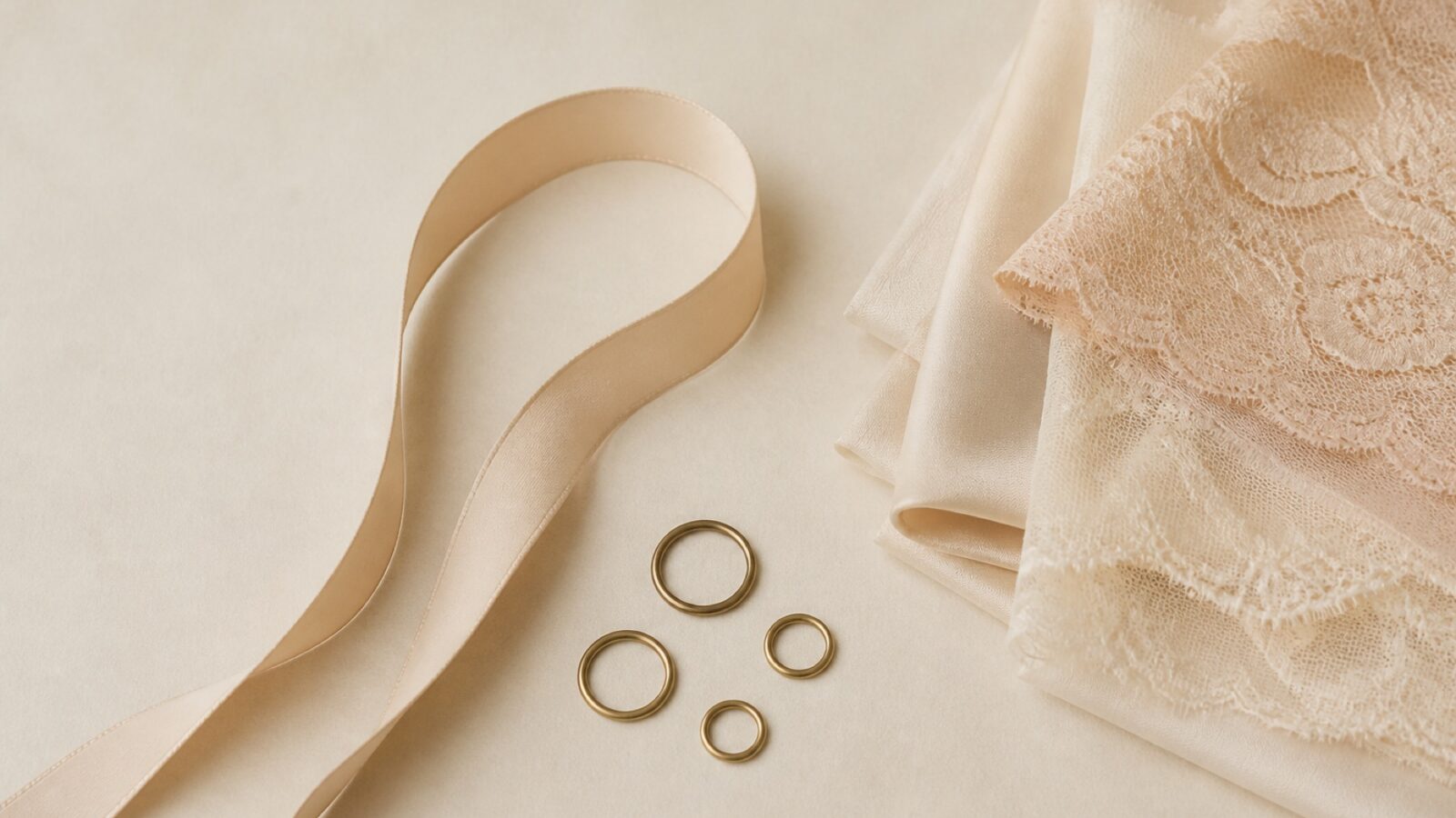 A flat arrangement of a tailor measuring tape, brass fitting rings and ivory fabric swatches