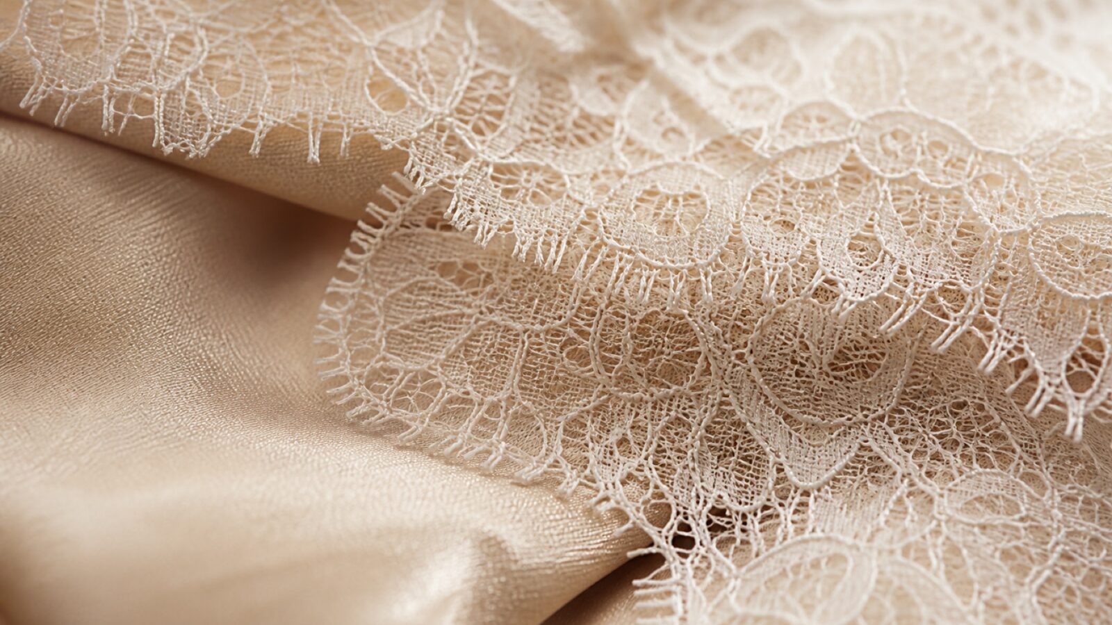 Macro of ivory chantilly lace overlapping champagne silk