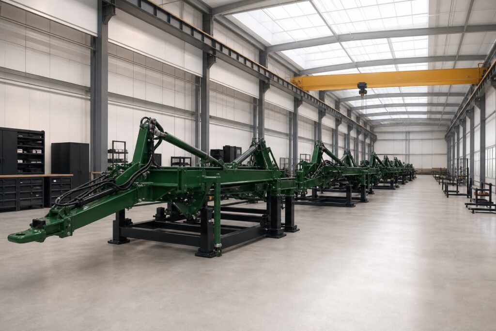 Agricultural implement chassis lined up along a bright final assembly workshop