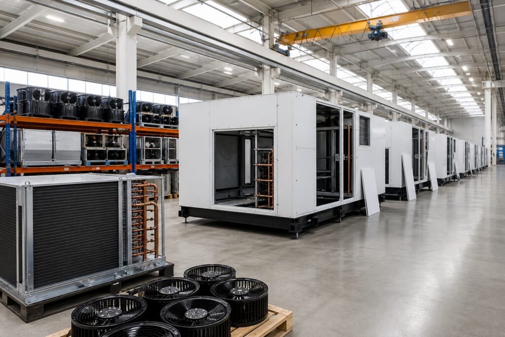 Wide view of a bright HVAC final assembly workshop