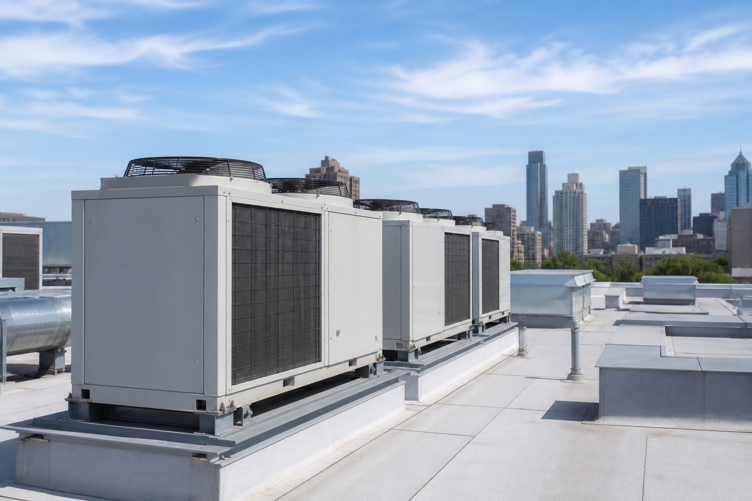 Panoramic view across a commercial rooftop with rows of packaged HVAC units