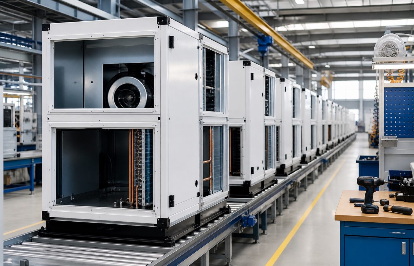 Fin blocks, casings and refrigerant circuits are made in the same hall