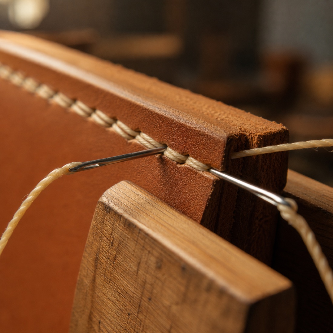 Close-up of a saddle-stitched seam being pulled tight