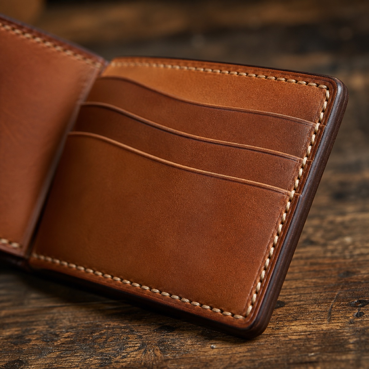 Close-up of burnished edges and cream saddle stitching on a leather wallet