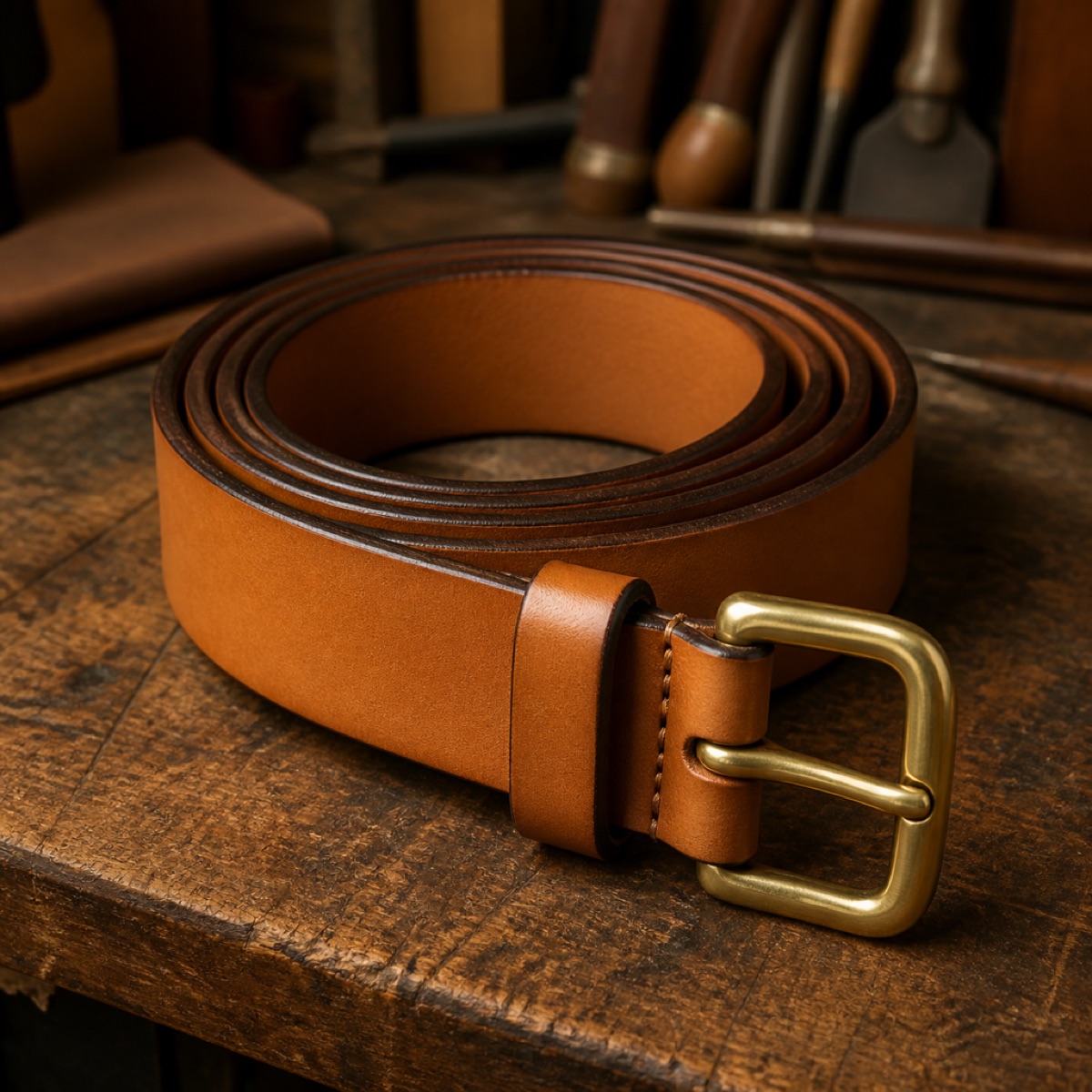 A thick tan leather belt coiled on a workbench with a brass roller buckle