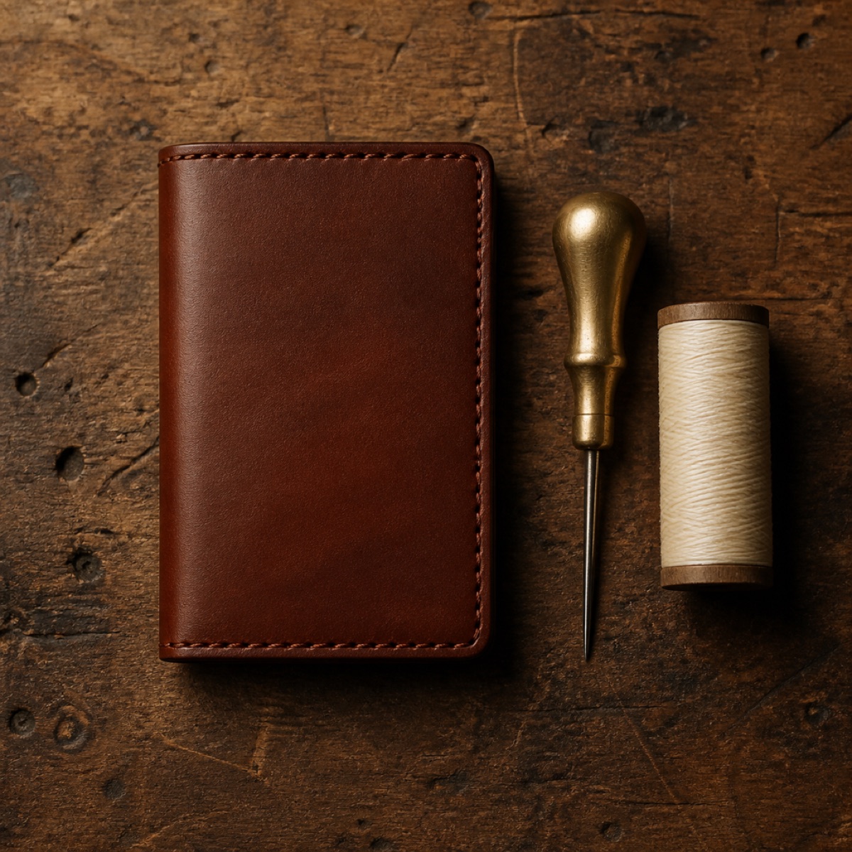 A compact chestnut leather card wallet beside an awl and waxed thread