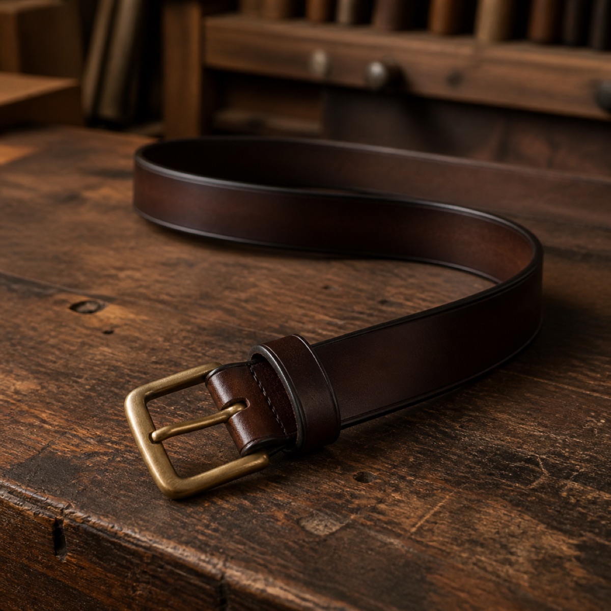 A slim dark brown burnished leather dress belt with an antique brass buckle