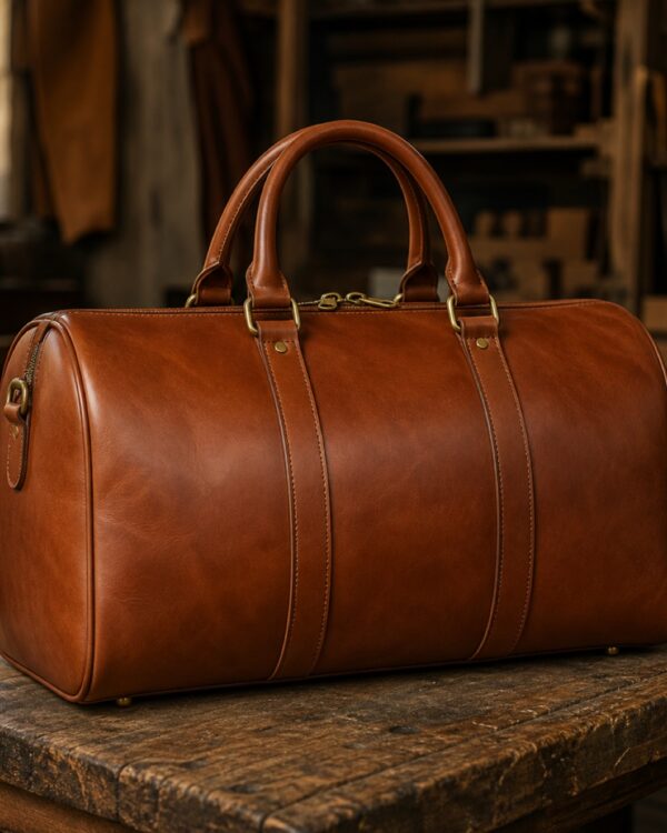 A tan leather weekender duffle bag with rolled handles and brass fittings