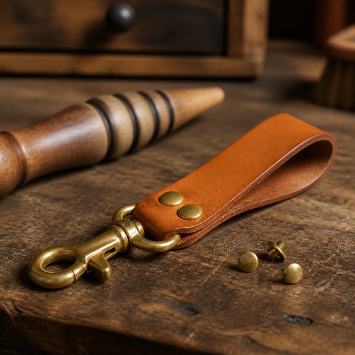 A small tan leather key fob with a solid brass snap hook and rivets