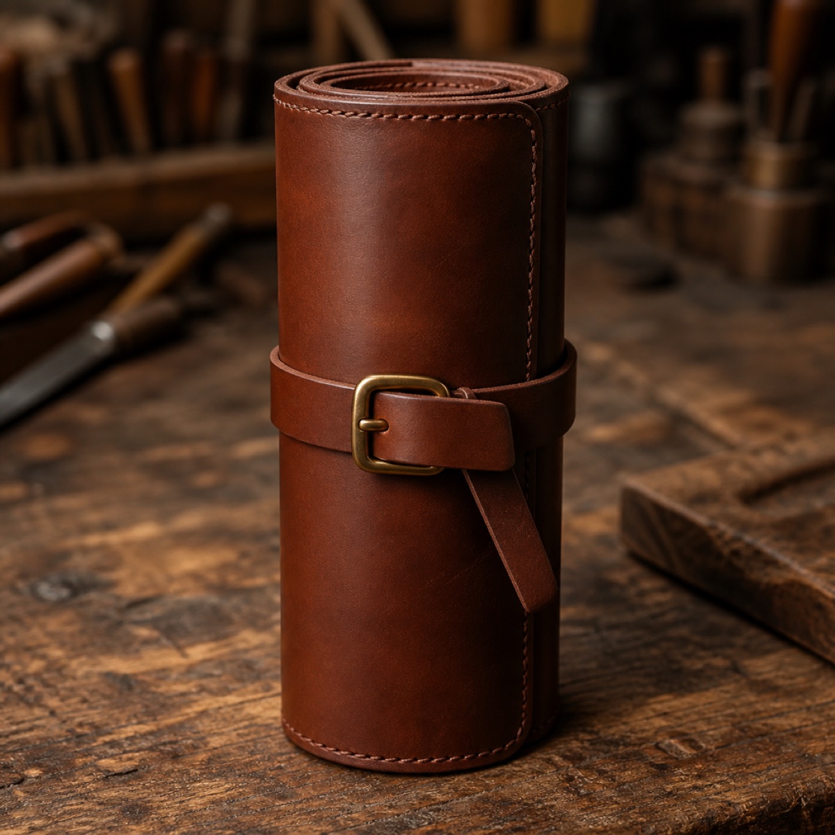 A rolled chestnut leather knife roll tied with a strap and brass buckle