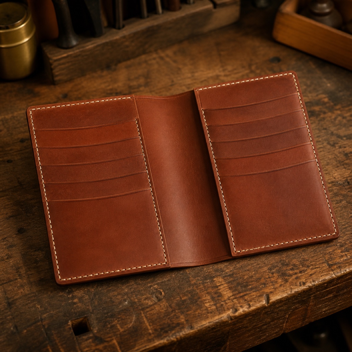 A long chestnut leather wallet lying open on a wooden bench