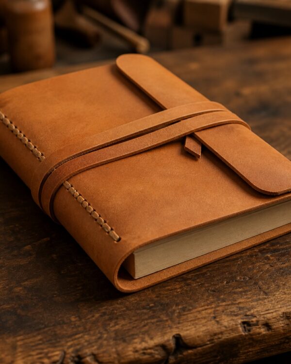 A tan leather notebook cover with a wrap tie on a wooden bench