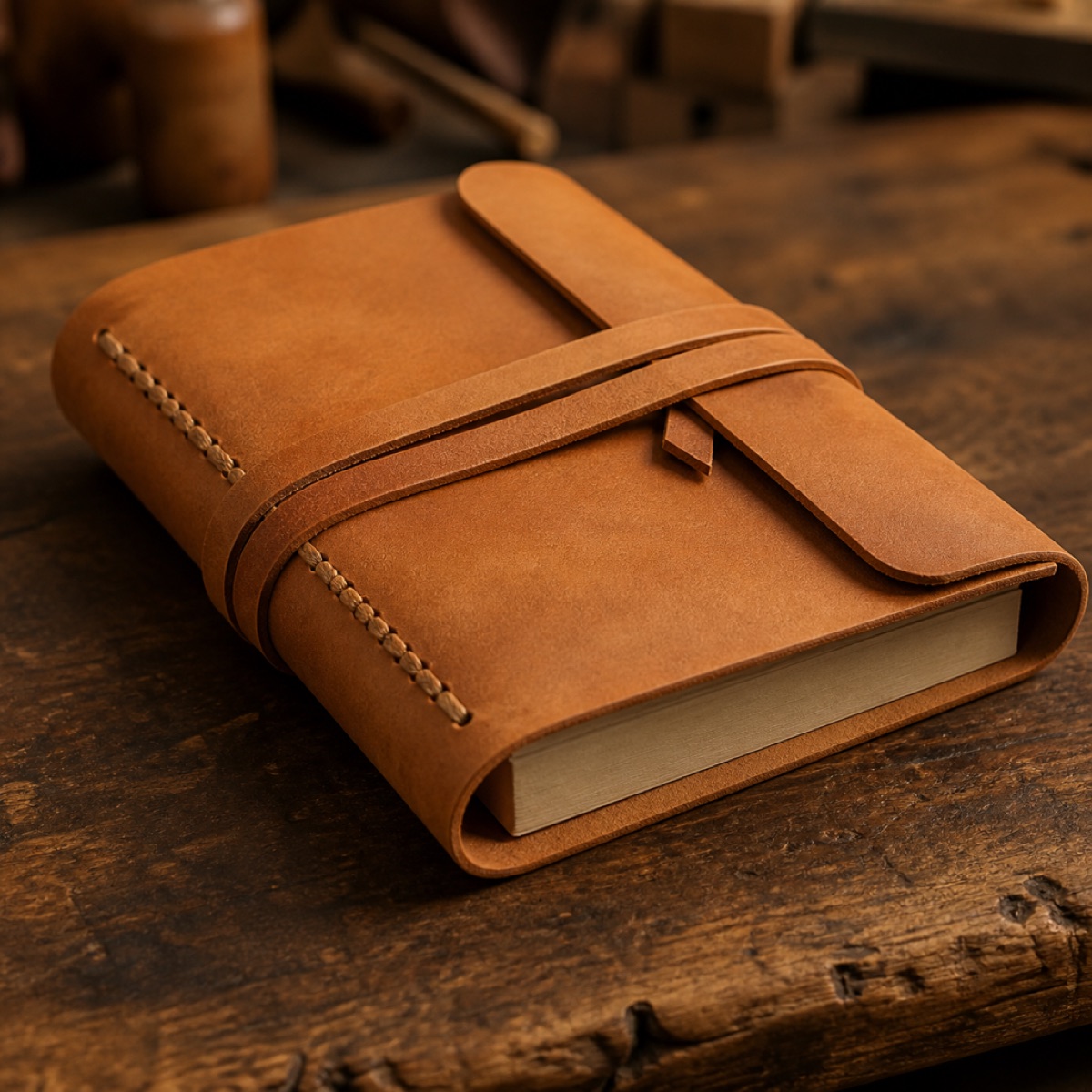 A tan leather notebook cover with a wrap tie on a wooden bench