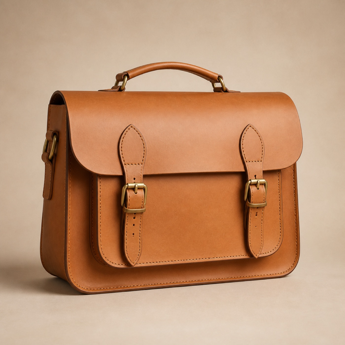 A tan vegetable-tanned leather messenger satchel on a workshop bench