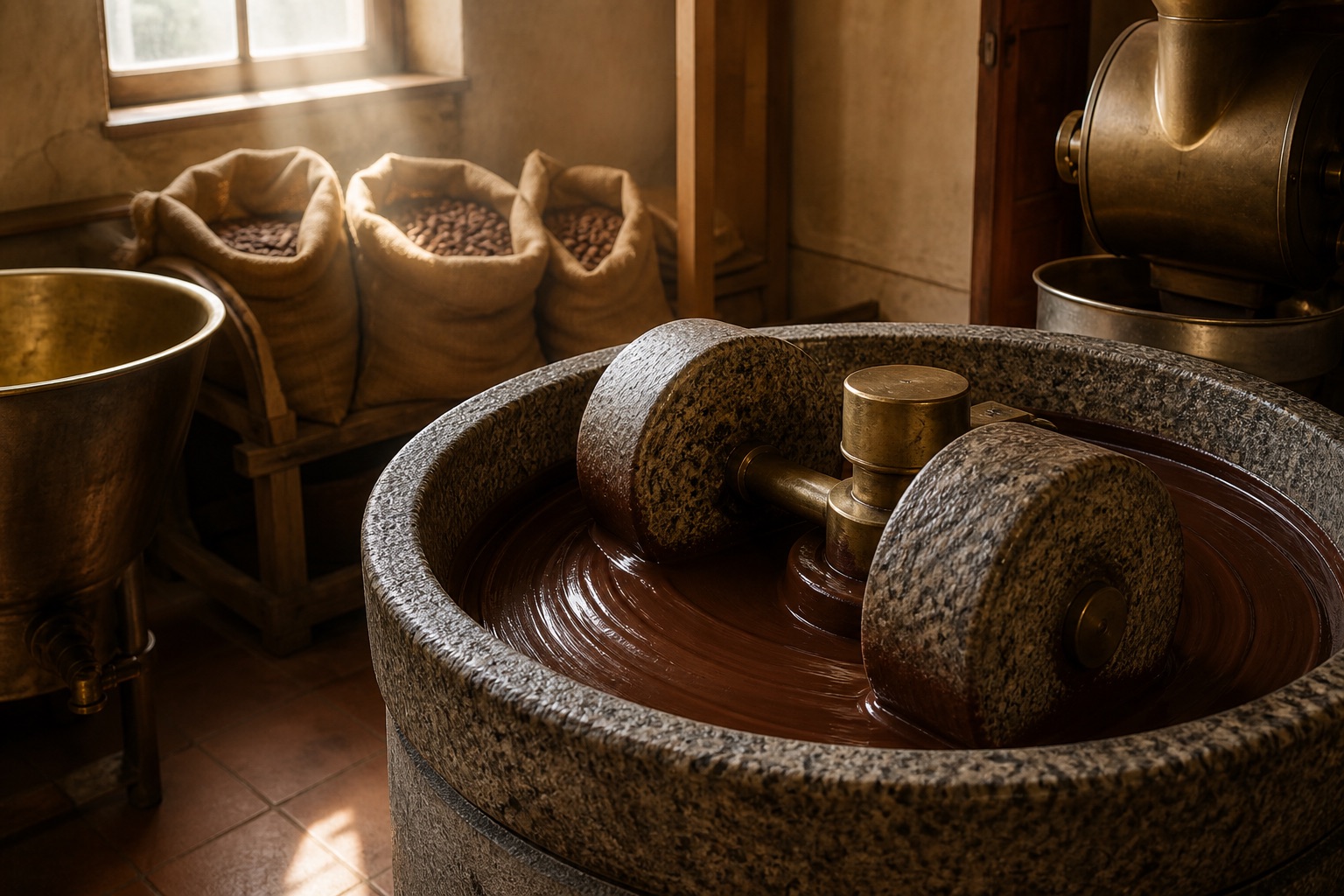 A granite melanger turning cacao liquor in the Cacaoform workshop.