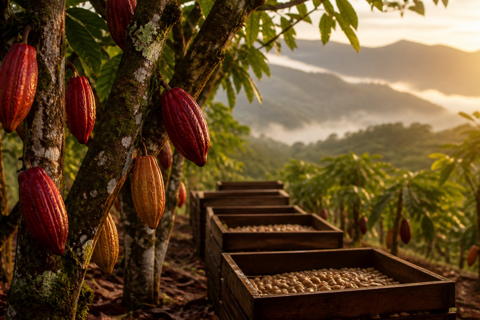 Ripe cacao pods on a highland estate at golden hour.