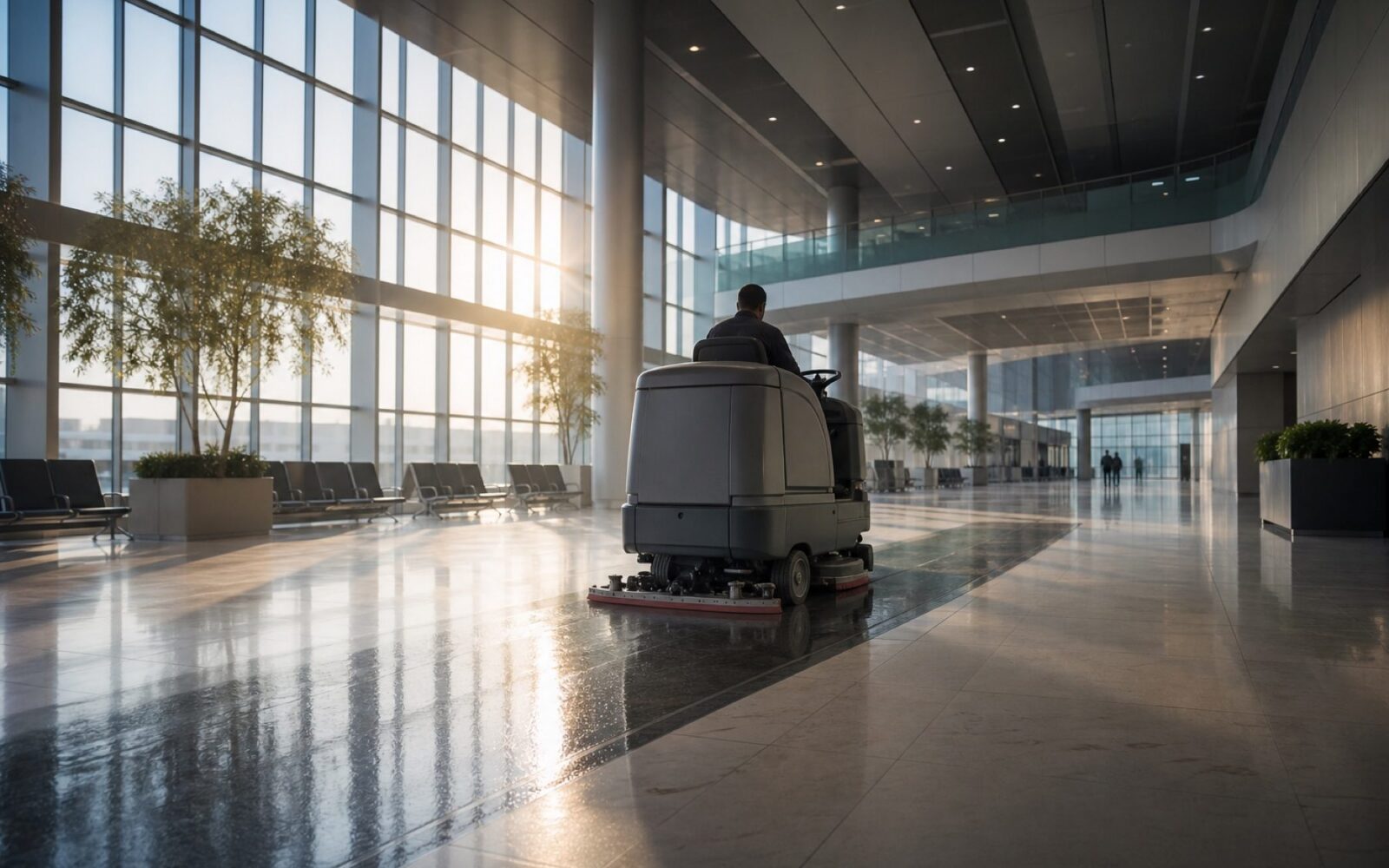 Large building concourse being cleaned at dawn by a ride-on scrubber dryer