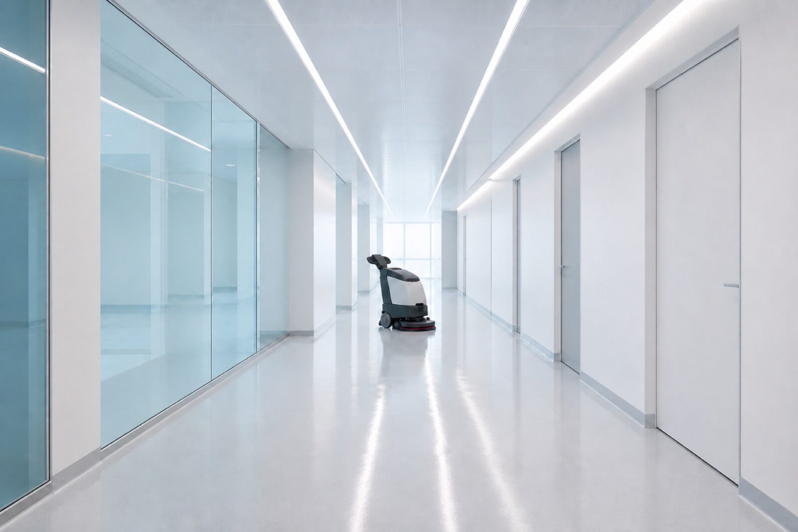 Long hospital corridor with a gleaming floor and a walk-behind scrubber
