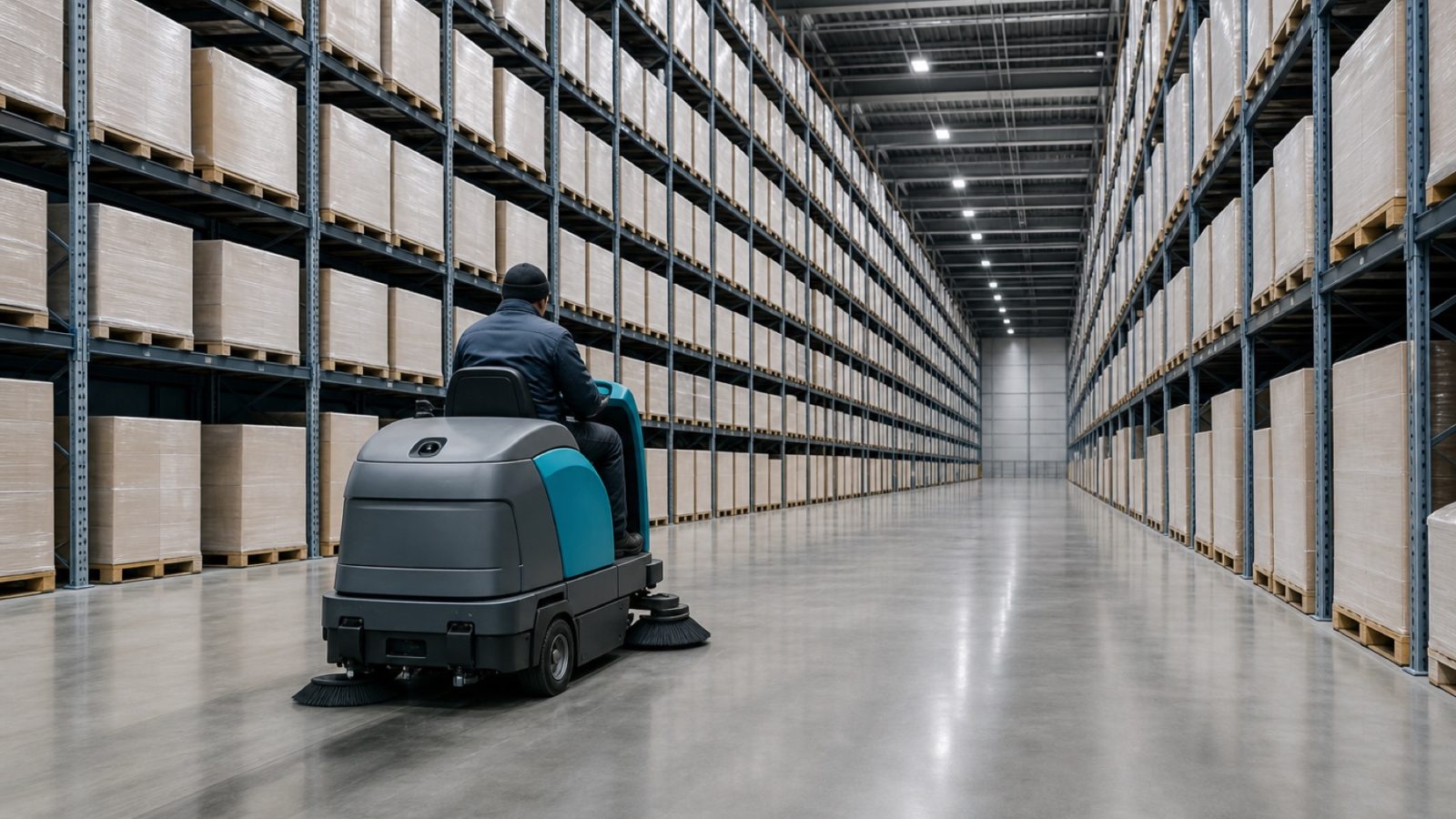 Warehouse floor being cleaned by a ride-on sweeper between racking runs