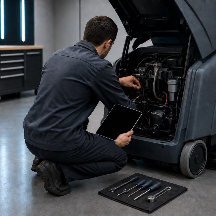 Service technician working on an opened forklift engine bay in a workshop