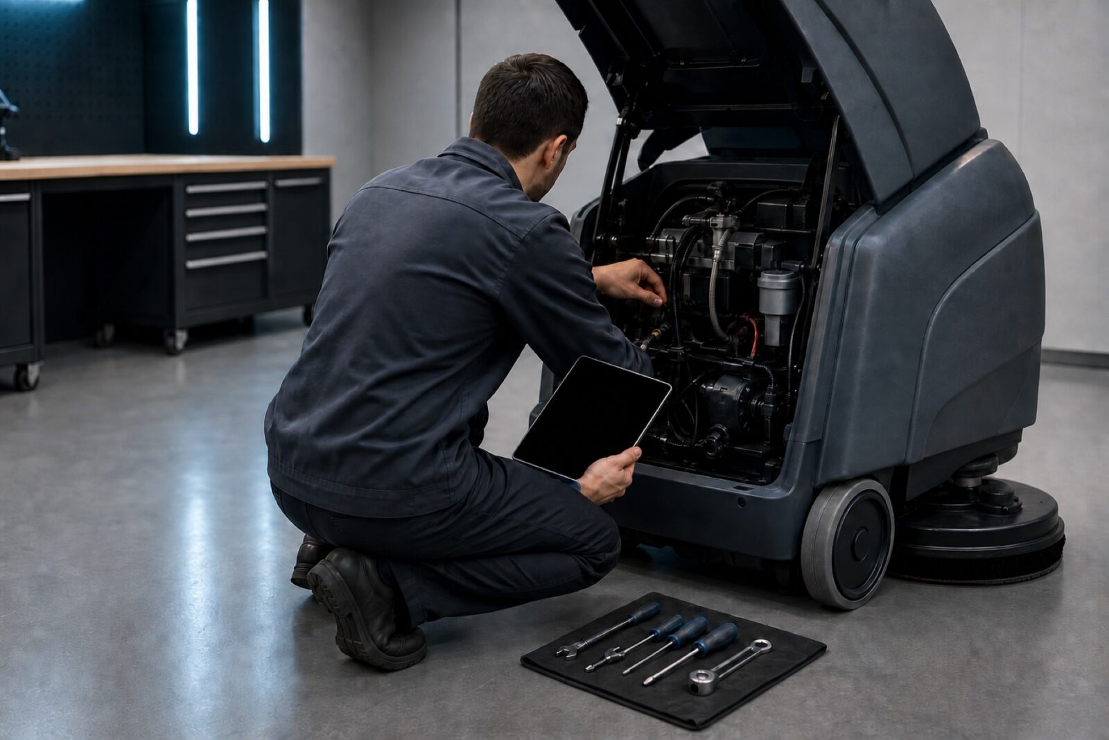 Service technician working on an opened forklift engine bay in a workshop