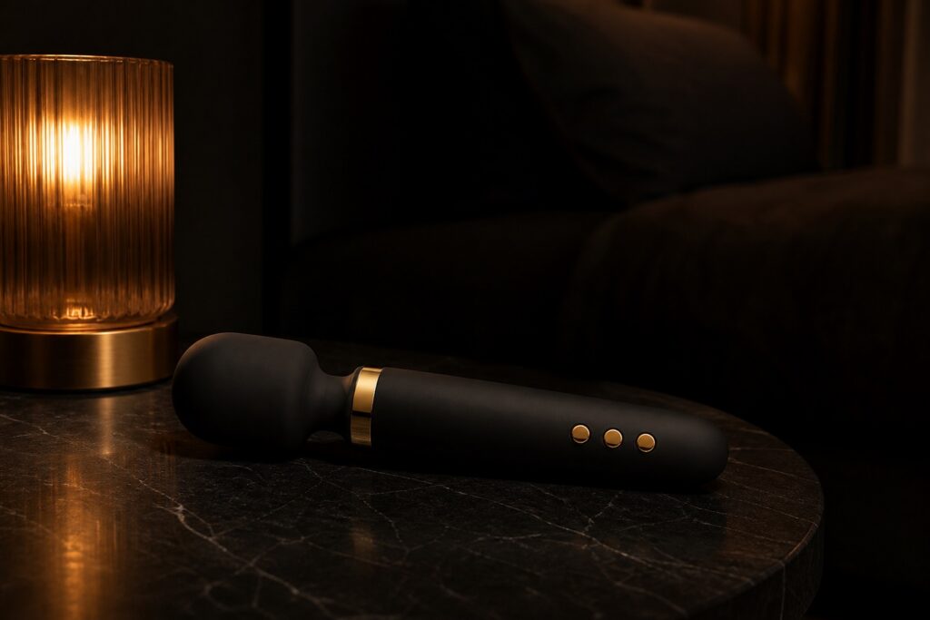 The Velvet Wand resting on a bedside table at night