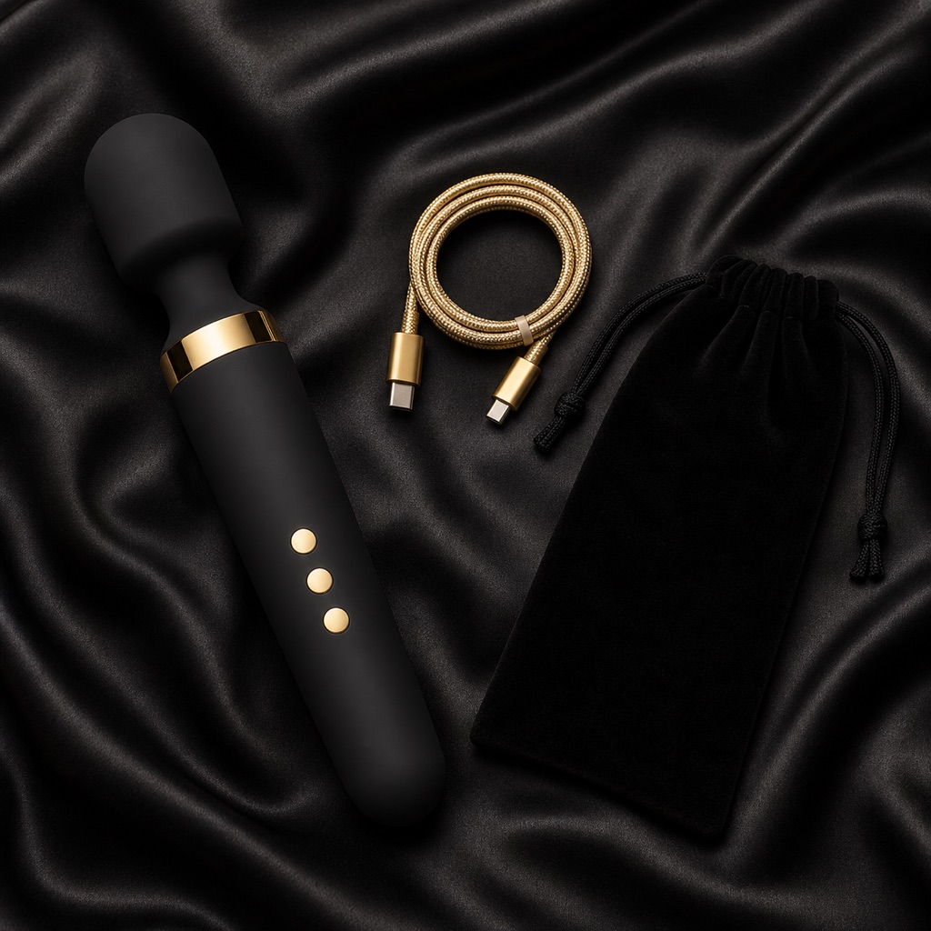 Everything included in the box, laid out on black silk