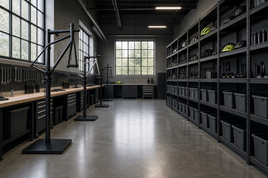 Bicycle gear workshop with workbenches, repair stands and shelving of cycling accessories