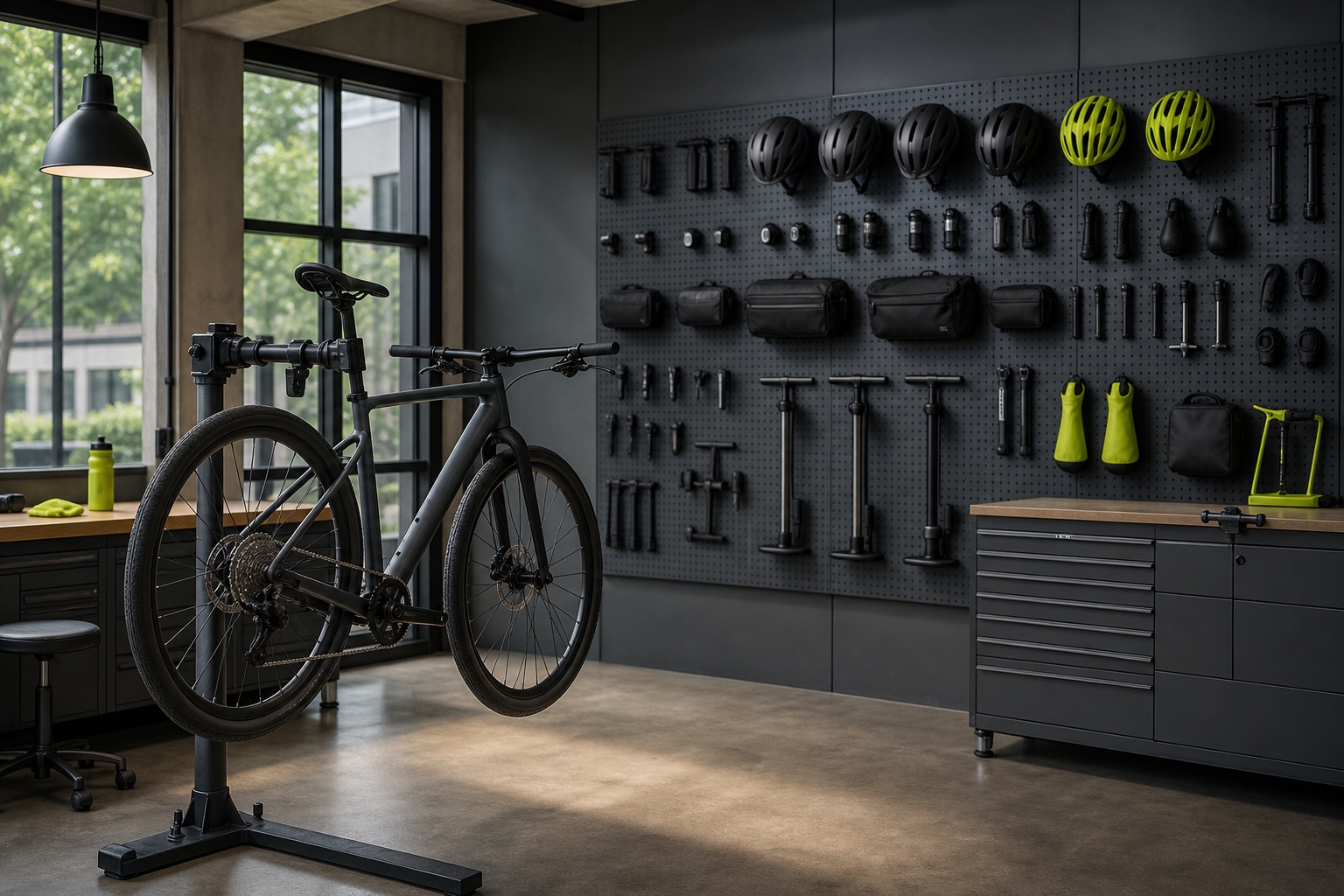 Urban bicycle workshop with a pegboard wall of cycling gear and a bike on a repair stand