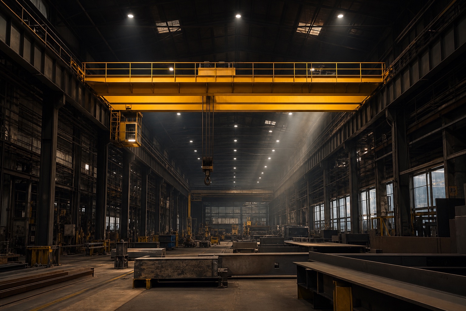 Yellow overhead crane spanning a fabrication hall