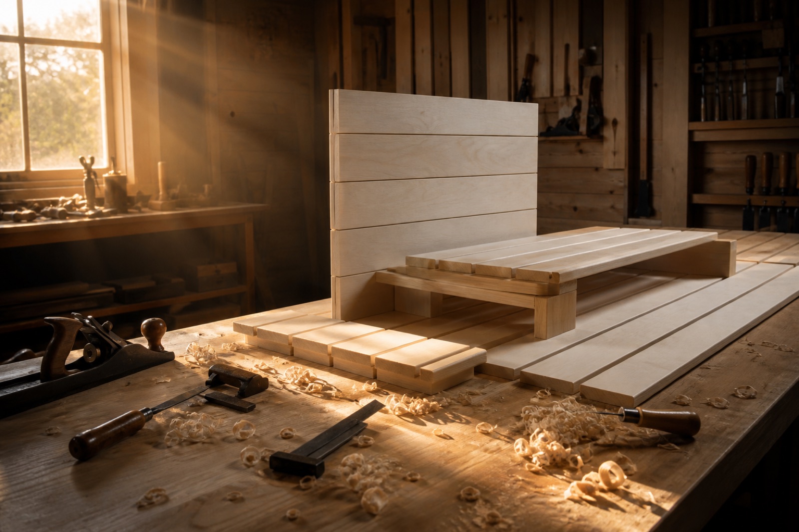 Prefabricated in our joinery, dry-assembled before it ships
